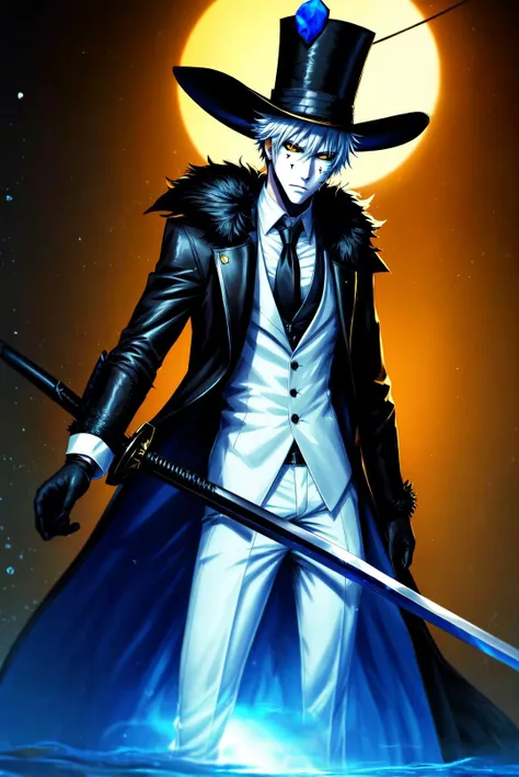 amazing, 4k, extremely detailed art, best quality, masterpiece, 1boy, male focus,
<lora:IkasorukOgihci:1>hollow, solo,weapon,white hair,male focus,sky,sword,night,crescent moon,water,bubble,underwater,air bubble,chains,((( facial mark, fur trim, yellow eyes, black sclera:1))),gloves,hat,holding,full body,weapon,necktie,belt,sword,coat,shadow,watch,top hat,rapier,dark persona, 
 <lora:GoodHands-beta2:1>, <lora:more_details:1>, <lora:Light and Shadow:0.7>