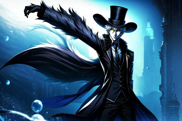 amazing, 4k, extremely detailed art, best quality, masterpiece, 1boy, male focus,
<lora:IkasorukOgihci:1>hollow, solo,weapon,white hair,male focus,sky,sword,night,crescent moon,water,bubble,underwater,air bubble,chains,((( facial mark, fur trim, yellow eyes, black sclera:1))),gloves,hat,holding,full body,weapon,necktie,belt,sword,coat,shadow,watch,top hat,rapier,dark persona,
<lora:GoodHands-beta2:1>, <lora:more_details:1>, <lora:Light and Shadow:0.7>