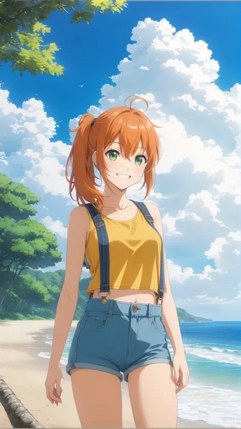 outdoors,ocean,beach,tree,clouds,shore,masterpiece,anime screenshot,1girl,solo,(<lora:Misty>),misty,green eyes,orange hair,side ponytail,smiling,full body,yellow shirt,sleeveless shirt,denim shorts,suspenders,midriff,groin,groin tendon,