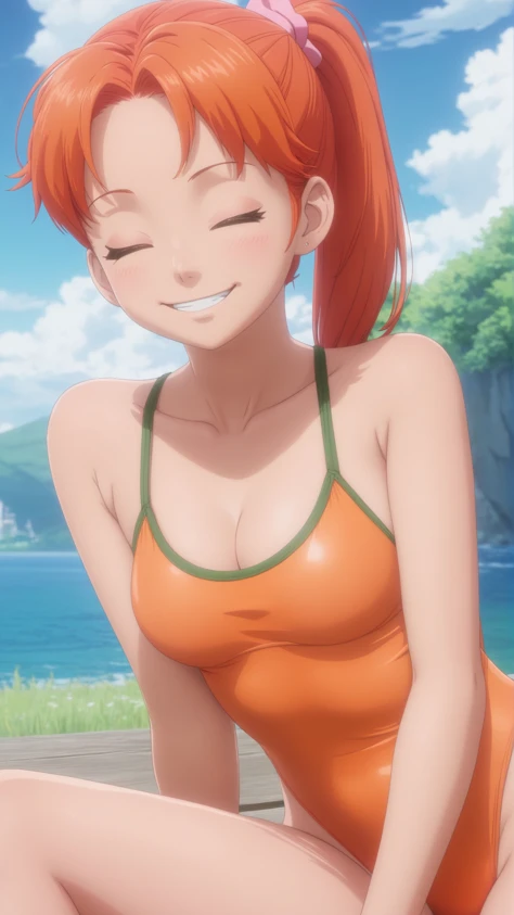 masterpiece,anime screenshot,solo,<lora:Misty:0.8>,misty,pink one-piece swimsuit,1girl,outdoors,green eyes,orange hair,side ponytail,closed eyes,sitting,smiling,