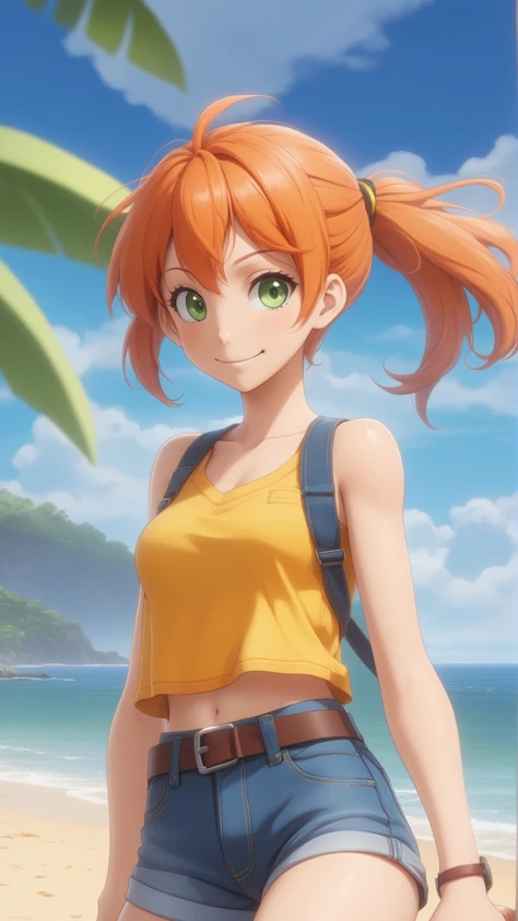 outdoors,ocean,beach,tree,clouds,shore,masterpiece,anime screenshot,1girl,solo,(<lora:Misty>),misty,green eyes,orange hair,side ponytail,smiling,full body,yellow shirt,sleeveless shirt,denim shorts,suspenders,midriff,groin,groin tendon,close-up,