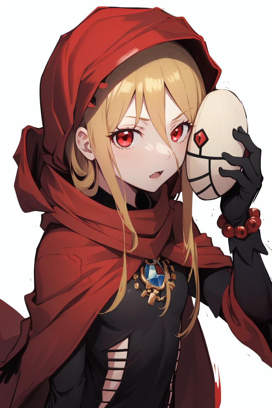 (highres), (high quality), masterpiece, 1girl, evileye \(overlord\), blonde hair, mask, red robe, black gloves, red eyes, fang, bracelet, <lora:evileye:0.8>