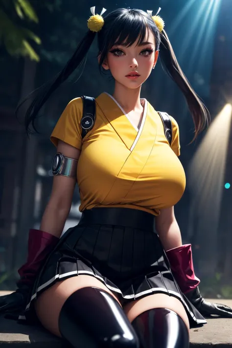 Masterpiece, (hd,8k), anime screenshots, 1 girl, solo, (big breasts: 1.2), black hair, short hair, black eyes, skinny, cowgirl shot, sit down, forehead protector, grin, (dress: 1.1), (white shorts: 0.8), black thighs, thigh holsters , arm warmers, bare shoulders, looking at the audience, outdoors, hips, red rimmed glasses, glasses, head tilted, hip curtains, facing the audience, hands on hips, zipper, shiny hair, (close up), red shirt:1.2