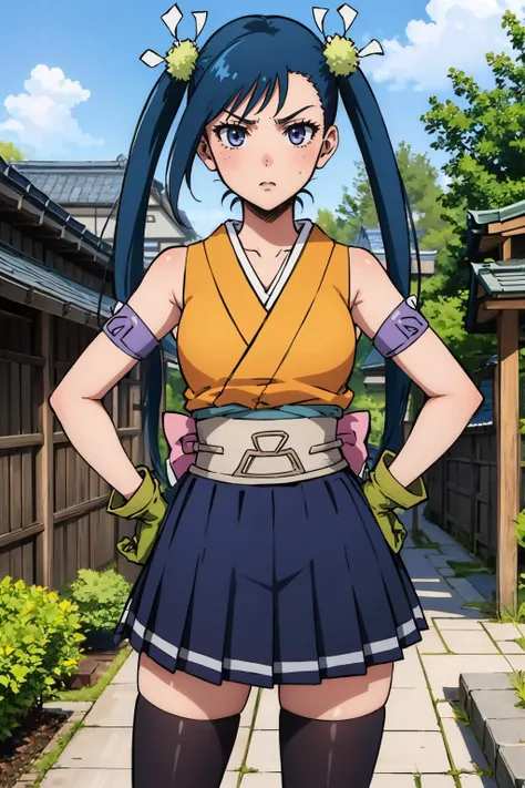 masterpiece, best quality,  <lora:CHAR-Hibachi:0.8> Hibachi, twintails, long hair, hair ornament, japanese clothes, yellow shirt, armband, skirt, purple thighhighs, gloves, standing, outdoors, japanese architecture, furrowed brow, hands to hips