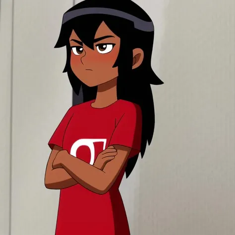 masterpiece,best quality,1girl,solo,upper body,crossed arms,blush,lookind at viewer,child,black hair,long hair ,red shirt,brown eyes,dark skinned female,official style ,anime coloring<lora:Ben10rebootstyle:0.8>