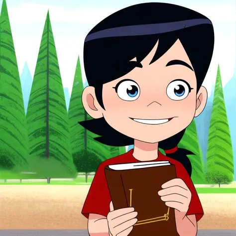 masterpiece,best quality, 1girl,solo,holding,book,red shirt,black hair,pony tail, smile, upper body, blue sky,trees,anime coloring,bright colors,
child, meme, style parody,female child,official style <lora:Ben10rebootstyle:0.8>