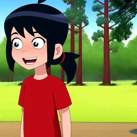 masterpiece,best quality, 1girl,red shirt,black hair,pony tail, smile, upper body, open mouth,blue sky,trees,anime coloring,bright colors, 
 child, meme, style parody,female child,official style   <lora:Ben10rebootstyle:0.8>