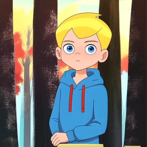 1boy,solo,yellow hair,blue eyes,wears red hoddie,upper body,lookind at viewer ,blue sky,trees<lora:Ben10rebootstyle:0.8>