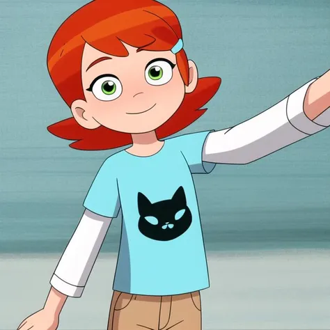 masterpiece,best quality, 1girl, solo, selfie,short hair, bangs, shirt, hair ornament, long sleeves,green eyes, white shirt, short sleeves, red hair, cowboy shot, shorts, hairclip, orange hair, dutch angle, frown, parody, blue shirt, animal print, t-shirt, female child, style parody, layered sleeves, print shirt, short over long sleeves, brown shorts, cat print, aqua shirt <lora:Ben10rebootstyle:0.7>