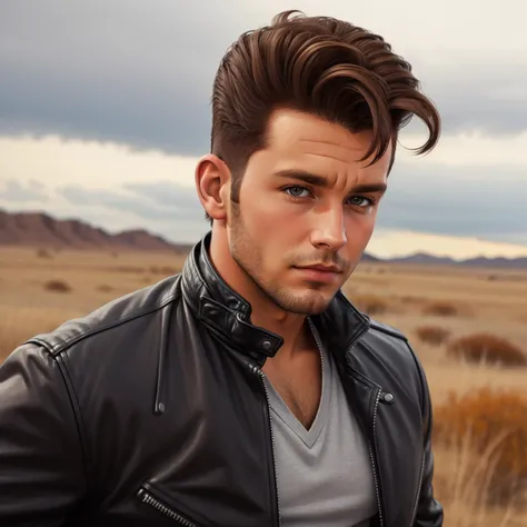 solo, male focus, 1boy, realistic, leather jacket, looking at viewer, hud_grsr_hr,  brown hair, pompadour, <lora:hud_grsr_hr_SD15:0.75>, southern prairie