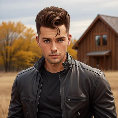 hud_grsr_hr, solo, male focus, 1boy, realistic, leather jacket, brown hair, pompadour, <lora:hud_grsr_hr_SD15:0.75>, southern prairie