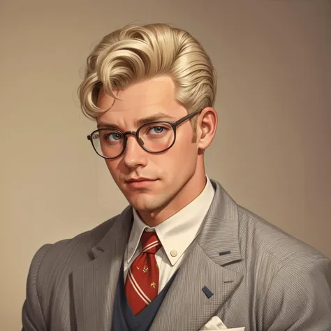 hud_grsr_hr, solo, male focus, 1boy, realistic, suit, blonde hair, pompadour, <lora:hud_grsr_hr_SD15:0.75>, southern prairie, 1950s, glasses