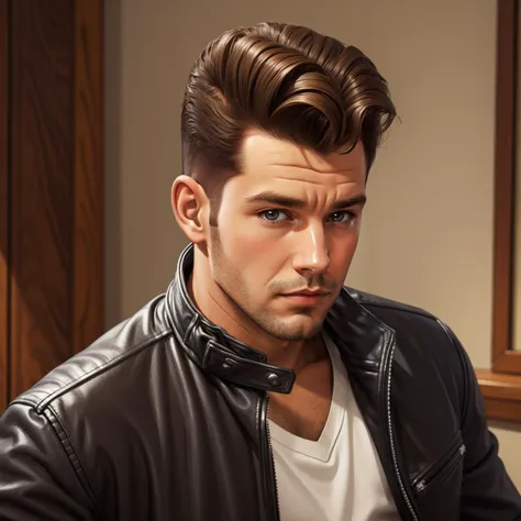 hud_grsr_hr, solo, male focus, 1boy, realistic, leather jacket, brown hair, pompadour, <lora:hud_grsr_hr_SD15:0.75>, southern prairie