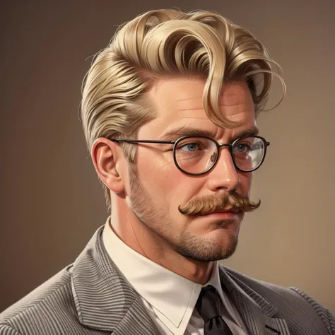 hud_grsr_hr, solo, male focus, 1boy, realistic, suit, blonde hair, mustache, beard, pompadour, <lora:hud_grsr_hr_SD15:0.75>, southern prairie, 1950s, glasses