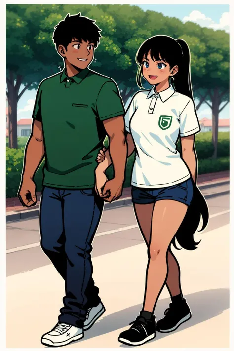 <lora:gz_20231024112935:0.9>,gz,line art,comic,border,Text bubble,multiple boys,1girl,shirt,multiple boys,pants,black hair,2boys,white shirt,walking,long hair,smile,tree,collared shirt,shoes,short sleeves,green shirt,building,dark skin,outdoors,colored skin,ponytail,black pants,white footwear,long sleeves,