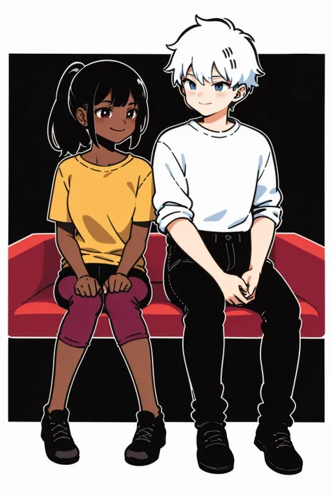 <lora:gz_20231024112935:0.9>,gz,line art,comic,border,Text bubble,shirt,sitting,black hair,white hair,ponytail,2boys,smile,chair,multiple girls,pants,black footwear,dark skin,multiple boys,1girl,short hair,