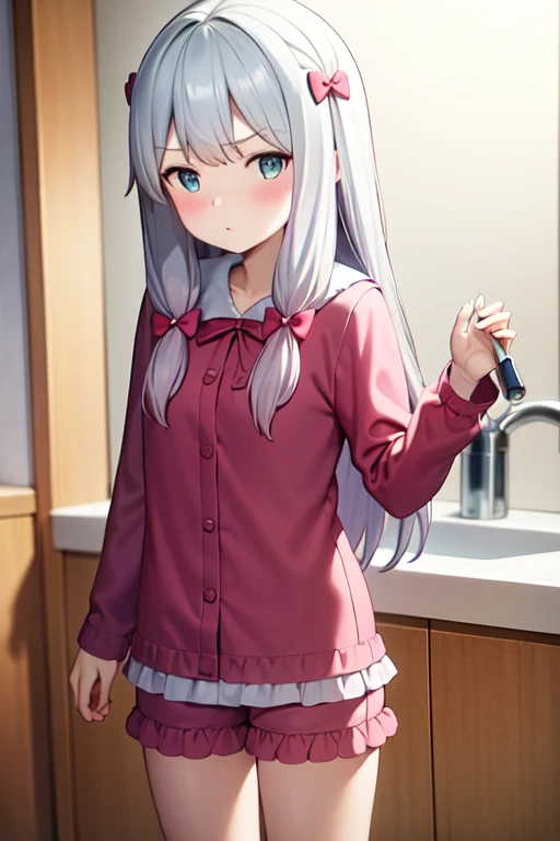 masterpiece, best quality, <lora:IzumiSagiri_sagiriV1:0.5>, izumi_sagiri,bow, pink_bow, long_hair,silver hair, pajamas, hair_bow,