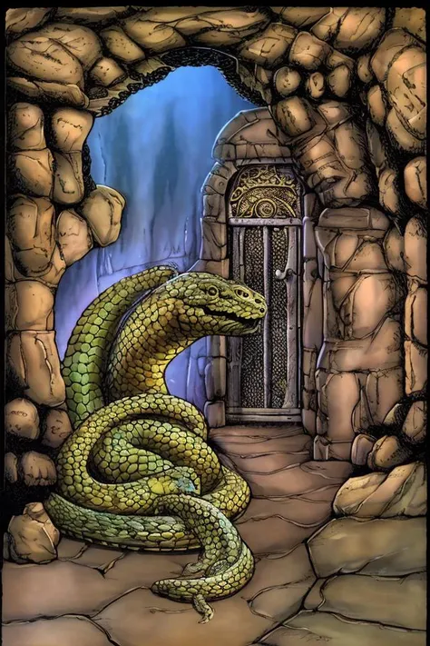 fantasyclassicscolour, a large snake in a dungeon <lora:FantasyClassics:1>