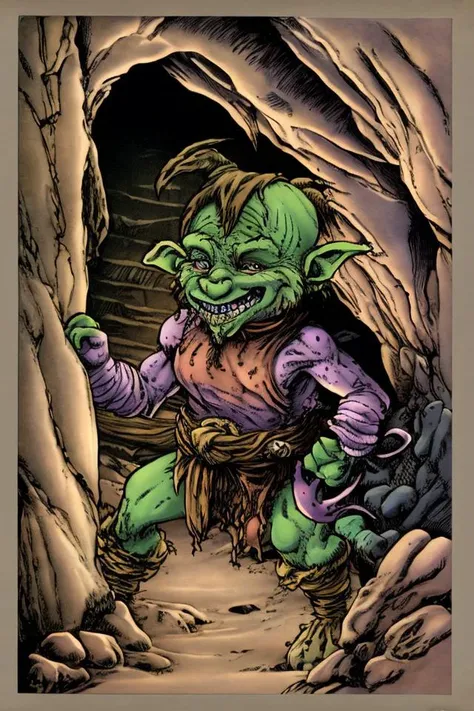 fantasyclassicscolour, a goblin in a cave <lora:FantasyClassics:1>