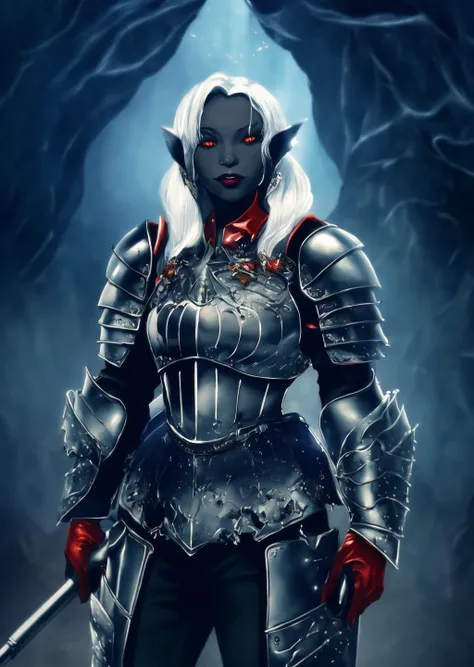 masterpiece, best quality, fantasy illustration, drow, dark elf, rogue, ((grey skin)), white hair, red eyes, ((tight black leather armor)), dark cave background, dimly lit, bioluminescent fungi <lora:Dark Elf V2:1>, <lora:FantasyClassics:0.8>, fantasyclassicscolour