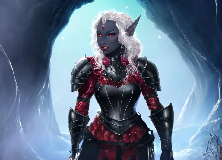 masterpiece, best quality, fantasy illustration, drow, dark elf, sexy, ((grey skin)), white hair, red eyes, ((tight black leather armor)), dark cave background, dimly lit, bioluminescent fungi <lora:Dark Elf V2:1>, <lora:FantasyClassics:0.6>, fantasyclassicscolour
