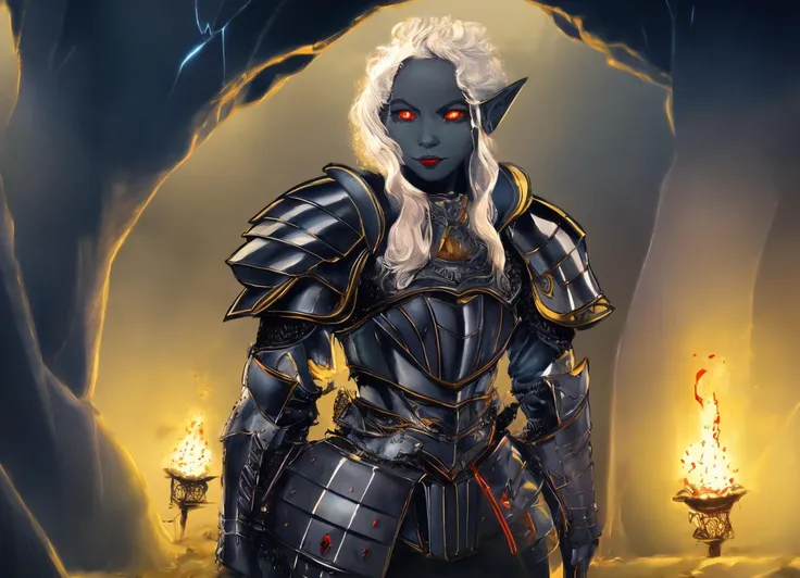 masterpiece, best quality, fantasy illustration, drow, dark elf, rogue, ((grey skin)), white hair, red eyes, ((tight black leather armor)), dark cave background, dimly lit, bioluminescent fungi <lora:Dark Elf V2:1>, <lora:FantasyClassics:0.8>, fantasyclassicscolour