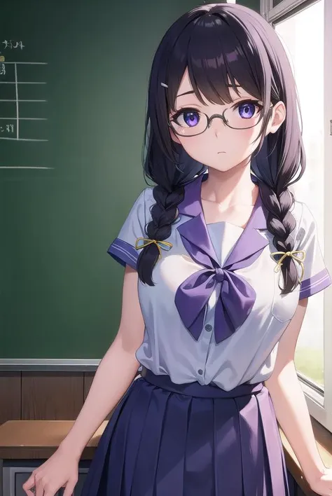 hanekawatsubasa, <lyco:tsubasahanekawa-lyco-nochekaiser:1>,
hanekawa tsubasa, long hair, black hair, hair ornament, (purple eyes:1.1), braid, hairclip, twin braids, glasses,
BREAK skirt, school uniform, naoetsu high school uniform,
BREAK indoors, classroom,
BREAK looking at viewer, (cowboy shot:1.5),
BREAK <lyco:GoodHands-beta2:1>, (masterpiece:1.2), best quality, high resolution, unity 8k wallpaper, (illustration:0.8), (beautiful detailed eyes:1.6), extremely detailed face, perfect lighting, extremely detailed CG, (perfect hands, perfect anatomy),