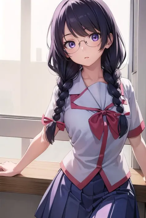 hanekawatsubasa, <lyco:tsubasahanekawa-lyco-nochekaiser:1>,
hanekawa tsubasa, long hair, black hair, hair ornament, (purple eyes:1.1), braid, hairclip, twin braids, glasses,
BREAK skirt, school uniform, naoetsu high school uniform,
BREAK indoors, classroom,
BREAK looking at viewer, (cowboy shot:1.5),
BREAK <lyco:GoodHands-beta2:1>, (masterpiece:1.2), best quality, high resolution, unity 8k wallpaper, (illustration:0.8), (beautiful detailed eyes:1.6), extremely detailed face, perfect lighting, extremely detailed CG, (perfect hands, perfect anatomy),