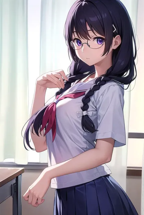 hanekawatsubasa, hanekawa tsubasa, long hair, black hair, hair ornament, (purple eyes:1.1), braid, hairclip, twin braids, naoetsu high school uniform, glasses,
BREAK skirt, school uniform, naoetsu high school uniform,
BREAK indoors, classroom,
BREAK looking at viewer,
BREAK (masterpiece:1.2), best quality, high resolution, unity 8k wallpaper, (illustration:0.8), (beautiful detailed eyes:1.6), extremely detailed face, perfect lighting, extremely detailed CG, (perfect hands, perfect anatomy),