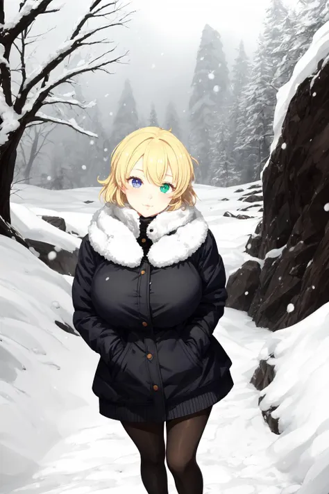 solo, ryouna \(senran kagura\), blonde, blue eyes, green eyes, heterochromia, :3, happy, (large breasts:1.3), (dressed:1.4), winter, in front of the cave, snow, warm clothes
<lora:ryouna:0.7>
<lora:add_detail:1>
<lyco:GoodHands-beta2:1>