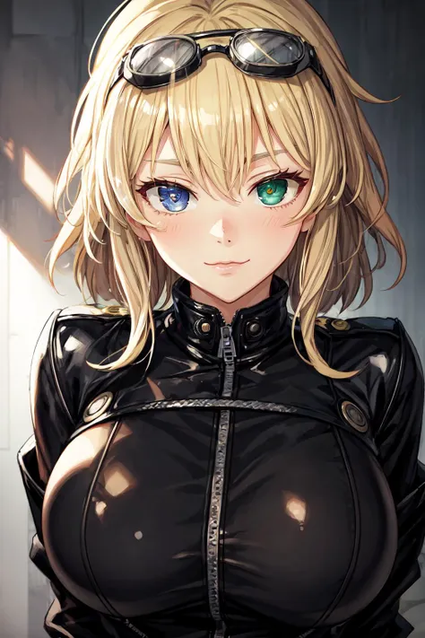 (closeup:1.4), (portrait:1.4), solo, ryouna \(senran kagura\), blonde, blue eyes, green eyes, heterochromia, :3, happy, (large breasts:1.3), aviator goggles, leather jacket, metal horns
<lora:ryouna:0.7>
<lora:add_detail:1>
<lyco:GoodHands-beta2:1>