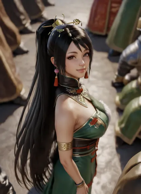 masterpiece, best quality, bare shoulders, fluffy underwear, looking at viewer, smile, one breast out, guanyinping \\(dynasty warriors\\), fluffy cape, from side, (from above:1.5), realistic, very long hair,  <lora:ral-fluff-sdxl:0.6> <lora:å³é¶å±_xl:0.8>