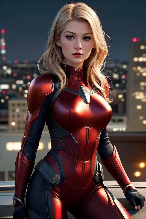 photo of seductive (r0sp1ke-130:0.99), a woman as a sexy superhero, (closeup portrait:1.2), (tight marvel superhero outfit:1.1), in a (rooftop with a cityscape in the backgroundn), (long trousers), (masterpiece:1.5) (photorealistic:1.1) (bokeh) (best quality) (detailed skin texture pores hairs:1.2) (intricate) (8k) (HDR) (wallpaper) (cinematic lighting) (sharp focus), (vivid atmosphere), (face focus), (red lips)
