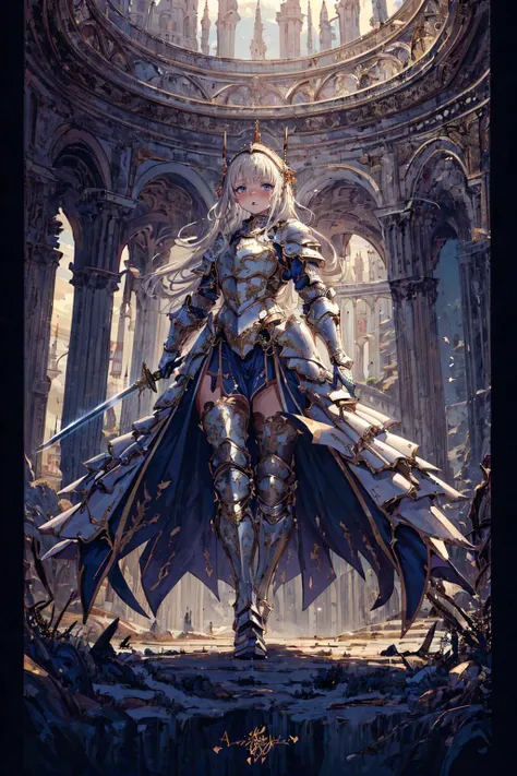 (masterpiece, top quality, best quality, beautiful and aesthetic:1.2), (1girl:1.3), original, high resolution, (fractal art),  surreal, arthurian legend, knights, armor, british, war, medieval,  <lora:add_detail:0.7>, wide angle, wide shot, full body, magic, magic imbued, fantasy, swords, expressionless, <lora:IvoryGoldAIv2(IvoryGoldAI):0.7> ivorygoldai, ivory armor,