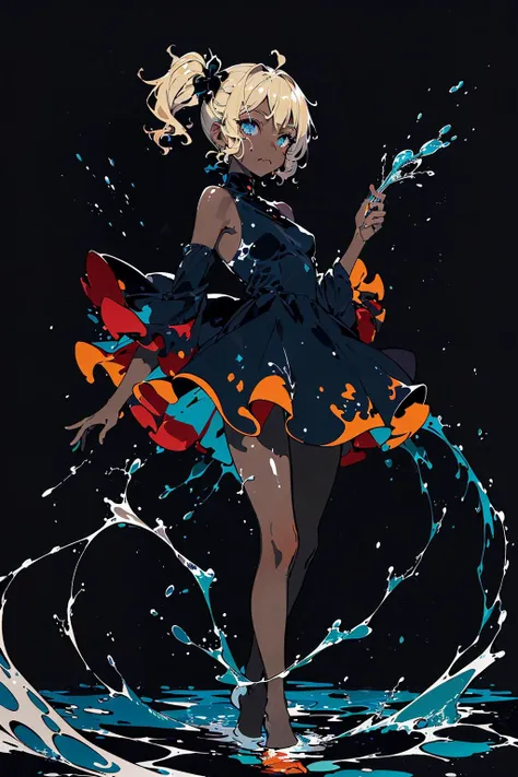 (flat color:1.3), colorful, color splash, water, splashing,, (masterpiece, top quality, best quality, beautiful and aesthetic:1.2), (1girl:1.3), original, high resolution, surreal,, singing, relaxed, from afar, full body, gradient hair, very short hair, side ponytail, blond eyes, dark skin, dark-skinned female, small breasts, wavy mouth, closed mouth,