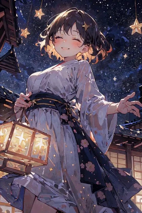 <lora:starlight:0.8> starlight, star, sky,, (masterpiece, top quality, best quality, beautiful and aesthetic:1.2), (1girl:1.3), original, high resolution, surreal,, from below, town, japanese architecture, dark, the pose, hazel hair, short hair, retriever hair, starry print eyes, toned, idol clothes, medium breasts, half-closed eyes, smile, sunglasses, relaxed