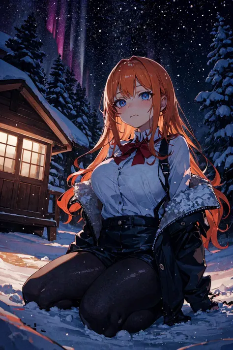 snow, cabin, lake, winter clothes, scenery, scene reference, night, aurora lights,, (masterpiece, top quality, best quality, beautiful and aesthetic:1.2), (1girl:1.3), original, high resolution, surreal,, kneeling, neutral expression, from below, orange hair, long hair, hair slicked back, iridescence eyes, thick, large breasts, wavy mouth, closed mouth,