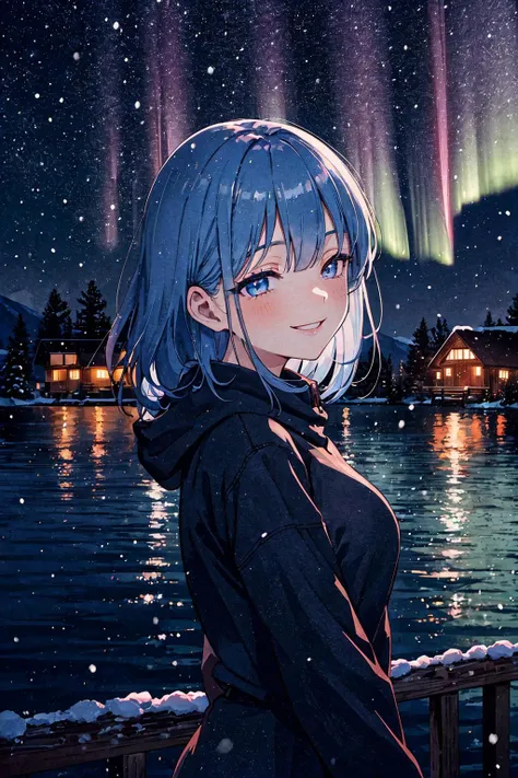snow, cabin, lake, winter clothes, scenery, scene reference, night, aurora lights,, (masterpiece, top quality, best quality, beautiful and aesthetic:1.2), (1girl:1.3), original, high resolution, surreal,, arm at side, giggling, from side, blue hair, medium hair, retriever hair, iridescent eyes, pale skin, medium breasts, half-closed eyes, smile,