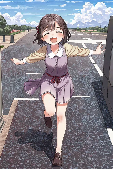 <lora:kusakaV-BD-000013:0.7> kusaka, running, spread arms, happy, laughing, sidewalk, day, sky, cloud, > <,, (masterpiece, top quality, extremely detailed, best quality, beautiful and aesthetic:1.2), (1girl:1.3), original, high resolution, surreal,