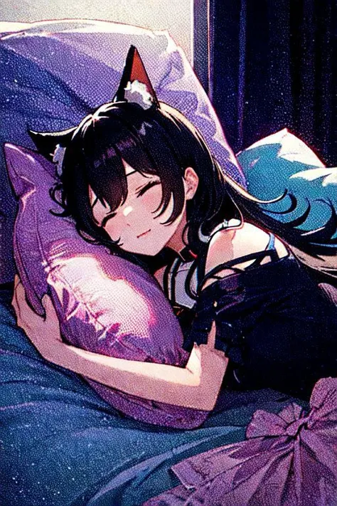 ((Azur Lane Atago)), (Embarrassed), cat ears. black hair, beautiful and cute face, Brown eyes, (sleeping:1.3), bedroom, (saliva drip:0.9), (pillow hug:1.2), on bed, camisole, bad posture, smile, (open mouth smile:0.8), <lora:add_detail:0.7>, sfw, shorts, from above, (masterpiece, top quality, best quality, beautiful and aesthetic:1.2), (1girl:1.3), original, high resolution, surreal,
