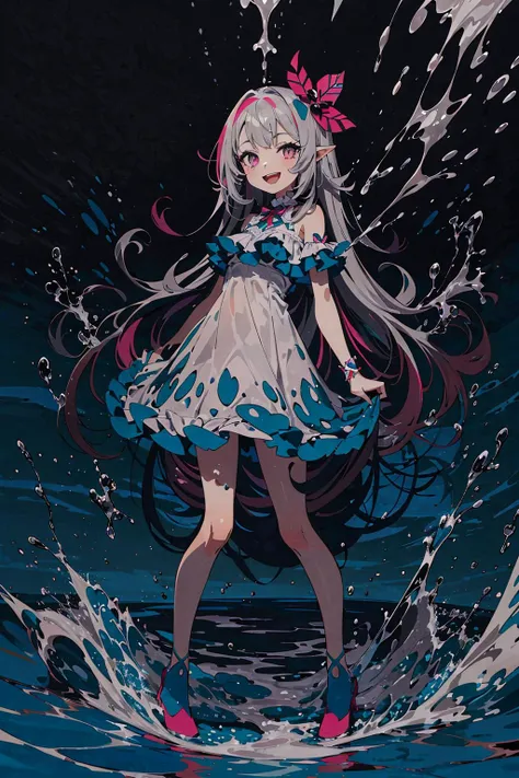 (flat color:1.3), colorful, color splash, water, splashing,, (masterpiece, top quality, best quality, beautiful and aesthetic:1.2), (1girl:1.3), original, high resolution, surreal,, arm support, distracted, aloof, oblivious, wide angle, wide shot, full body, two-tone hair, long hair, shaggy hair, pink eyes, monster girl, small breasts, :D,