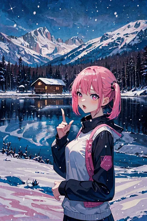 snow, cabin, lake, winter clothes, scenery, scene reference,, (masterpiece, top quality, best quality, beautiful and aesthetic:1.2), (1girl:1.3), original, high resolution, surreal,, index finger raised, pupils sparkling, panorama, pink hair, very short hair, twin ponytails, multicolored eyes, young, medium breasts, open mouth,