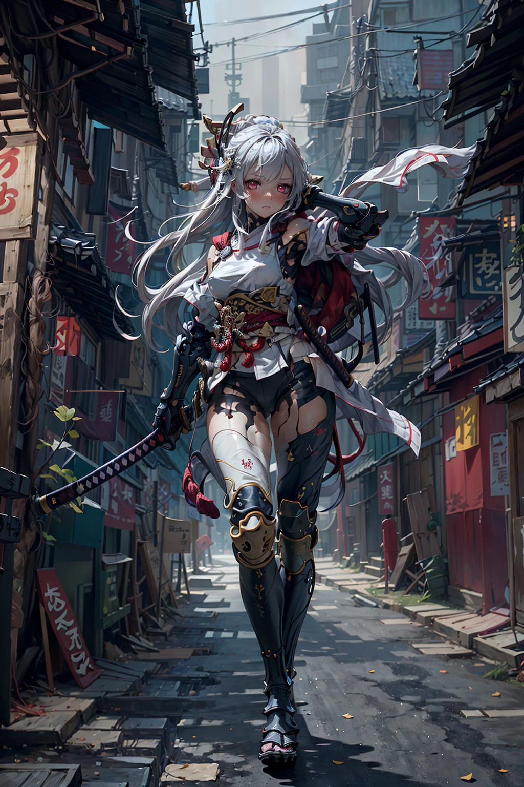 (masterpiece, top quality, best quality, beautiful and aesthetic:1.2), (1girl:1.3), original, high resolution, petite, extremely detailed, detailed background, cinematic lighting, illustration, solo, petite, active pose, (japanese theme:1), divinity, light rays, hair ornament, <lora:add_detail:0.7> <lora:Samuraibot:0.6> samurai, samurai armor, full body, <lora:android-seams:0.8> android-seams, wooden body, shin guard,