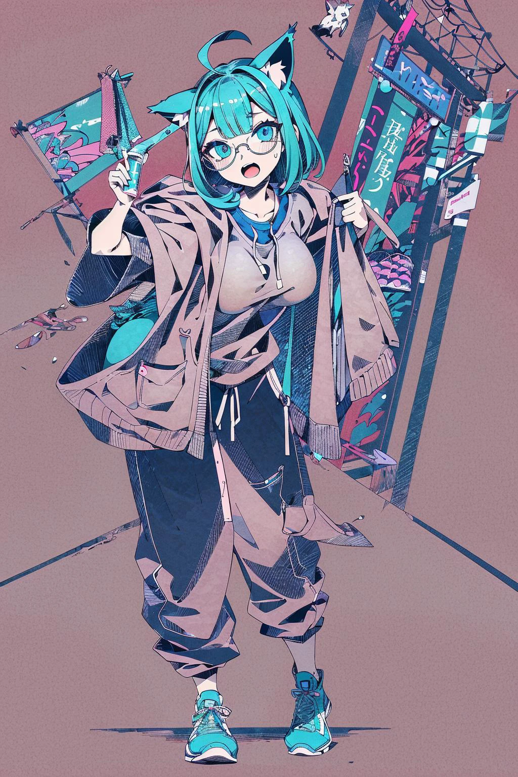 <lora:Nou Art Style:1> Nou_Art_Style, screentones, colorful, full body, <lora:add_detail:0.7> simple background, pink background, pastel colors, (flat color:1.3),, (masterpiece, top quality, extremely detailed, best quality, beautiful and aesthetic:1.2), (1girl:1.3), original, high resolution, surreal,, wide angle, wide shot, full body, shopping mall, stores, signs, dark, leaning forward, aqua hair, medium hair, hime cut, indigo eyes, young, smock, sweatpants, glasses, large breasts, open mouth, animal ears, relaxed