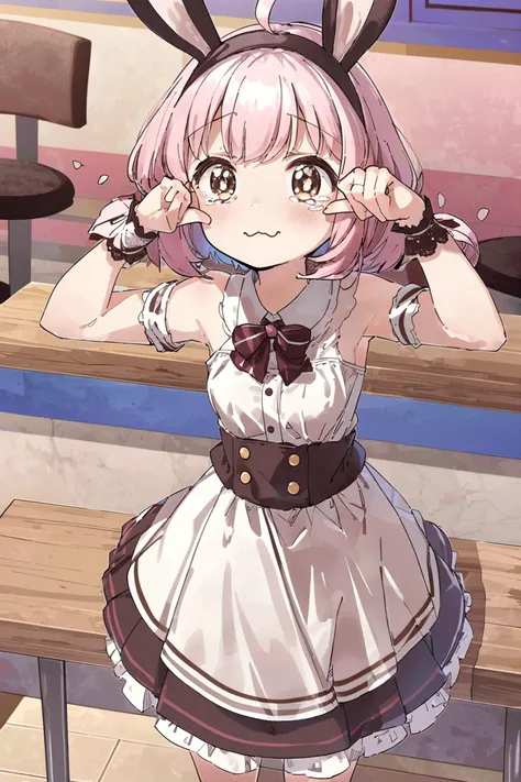 (masterpiece, top quality, extremely detailed, best quality, beautiful and aesthetic:1.2), (1girl:1.3), official art, high resolution, surreal, <lora:kusaka+MEI1-000014:0.8> kusaka+, rule of thirds, (coffee shop:1.4), coffee, table, chairs, indoors, light, paw pose, vermilion hair, very short hair, blunt bangs, amber eyes, thick, Pink silk slip dress with lace trim, animal ears, bunny ears, small breasts, wavy mouth, closed mouth, sunglasses, tearing up