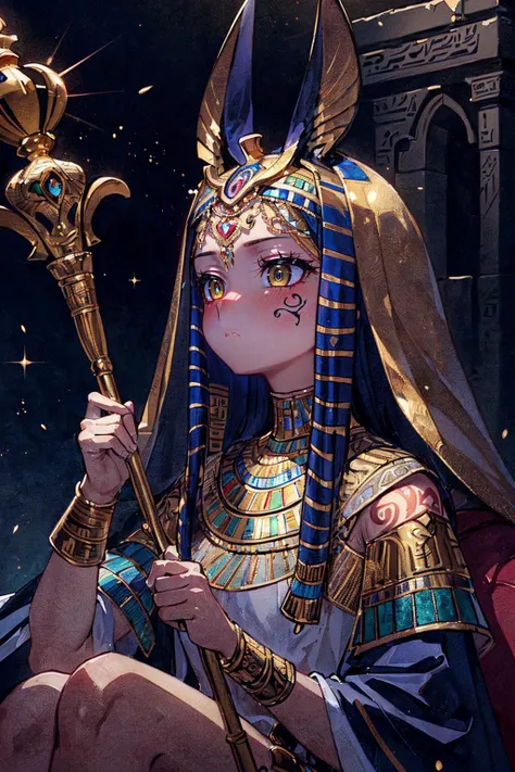 (masterpiece, top quality, best quality, official art, beautiful and aesthetic:1.3), (1girl:1.3), extreme detailed, colorful, highest detailed,((ultra-detailed)), (highly detailed CG illustration), ((an extremely delicate and beautiful)), cinematic light, petite, anubis attire, solo, (abstract art:1), full body, night, ((ancient egyptian theme)), (anubis ears), pyramids, staff, (gold), golden ornaments, ((expressionless)), pharao, hierography, portrait, body tattoo, face tattoo, active pose, over head lighting, fangs, sitting, relics,