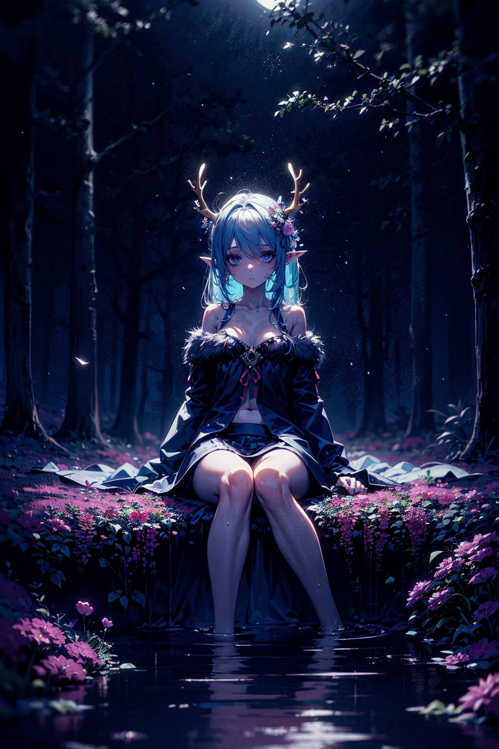 (masterpiece, top quality, best quality, beautiful and aesthetic:1.3), (1girl:1.3), (fractal art:1.3), original, extreme detailed, colorful, enchanted forest, nature, trees, dryad, antlers, pointy ears, flowers, active pose, full body, flower hair, bright color hair, glowing hair, divine, goddess, barefoot, doll face, upturned eyes, long eyelashes, animals, birds, sitting, (nude:0.5), looking away, ((glowing water)), middle of a lake, flower bed, ((wisps)), (night), petite <lora:add_detail:0.7>