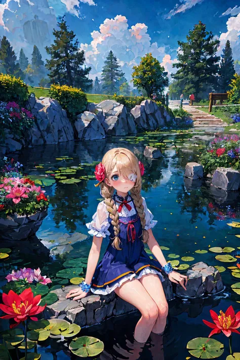 (best quality, masterpiece), (extremely detailed:1.3), 8k, (1girl), scenery, HDR, (fractal art:1.2), flat color, pastel colors, water, reflection, pond, big lily \(flower\), sitting on a rock,, one eye visible through hair, twin braids, twin drills,