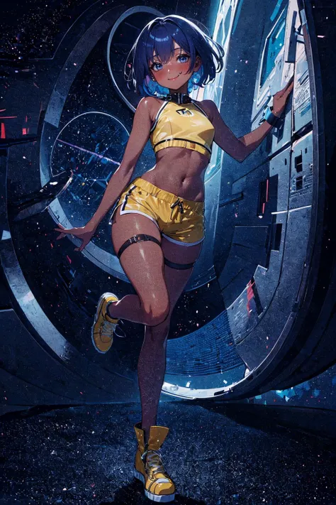 (masterpiece, top quality, best quality, beautiful and aesthetic:1.2), (1girl:1.3), abstract background, original, high resolution, surreal,, blue hair, very short hair, spiralcurl, indigo eyes, dark skin, dark-skinned female, strapless, short shorts, thigh strap, (yellow footwear), small breasts, smile, round glasses, upper body, spaceship, day, clouds, standing on one leg, shy, blush