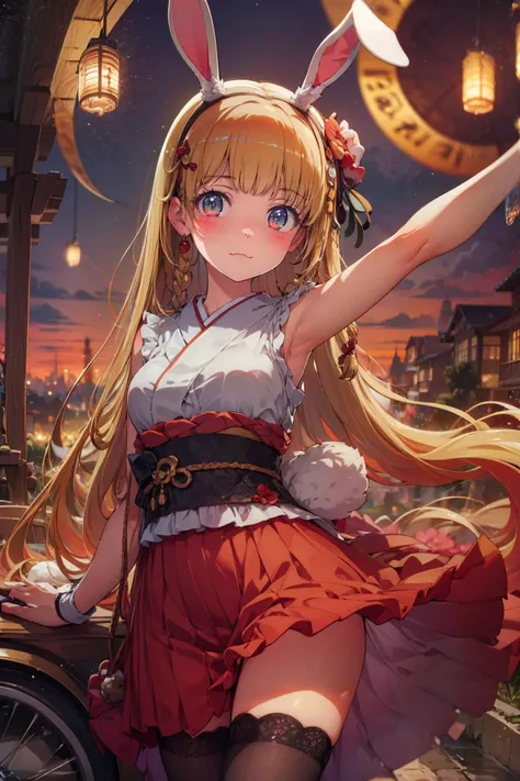 (masterpiece, top quality, extremely detailed, best quality, beautiful and aesthetic:1.2), (1girl:1.3), original, high resolution, surreal, <lora:ogipote+NAI6-000009:1> ogipote+, young, kimono, obi, black thighhighs, sleeveless, monk strap, animal ears, bunny ears, wide angle, wide shot, cowboy shot, orchard, light, leaning back, arms outstretched, :\3, short twin braid, very long hair, straight hair, coral hair